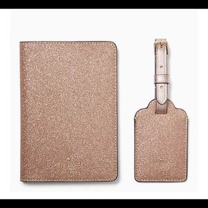 Kate Spade Passport case and luggage tag set in Rose Gold glitter fabric. NWT